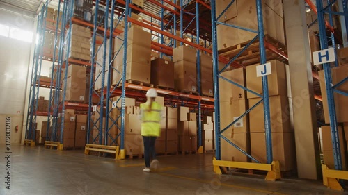 Time-Lapse: Retail Delivery Warehouse full of Shelves with Goods in Cardboard Boxes, Workers Sort Packages, Move Inventory with Pallet Trucks and Forklifts. Product Distribution Logistics Center photo