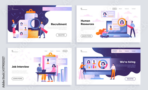 Set of four recruitment and human resources concepts. Web page templates for employment, job interviews and business vacancies, colored vector illustration