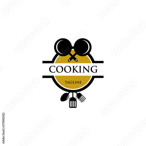 Cooking logo. Icon or symbol for design menu restaurant, cooking club, food studio or home cooking, Template logo with silhouette cutlery.
