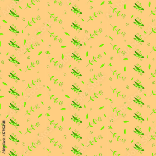 spring pattern with green peas and twigs on a beige background