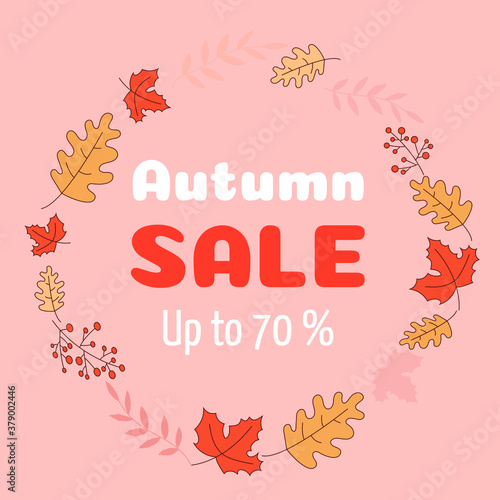 Autumn sale banner. Vector illustration in flat style. Floral frame with autumn leaves and discount for ads  flyer  seasonal autumn sale  special offers  shopping. Seasonal discount advertisement