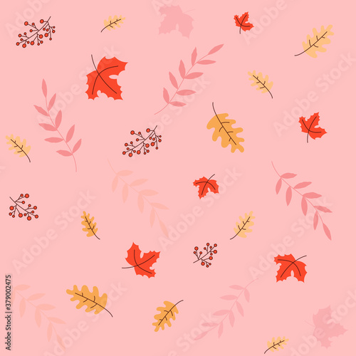 Autumn leaves floral seamless pattern with oak leaf, maple leaf,ash berry, sorb, brunch,palm tree. Autumn pattern with maple leaves vector illustration. Flat design in pastel colors for wrapping paper
