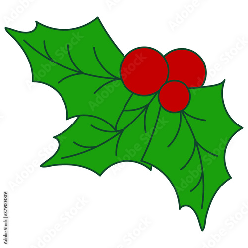 Christmas New Year red holly berry illustration. Vintage winter holiday decoration design element isolated on white. Flat vector illustration for wallpaper template. Holly plant with berries