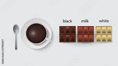 Vector illustration of a cup with coffee, coffee spoon, white, black and milk chocolate. EPS 10.