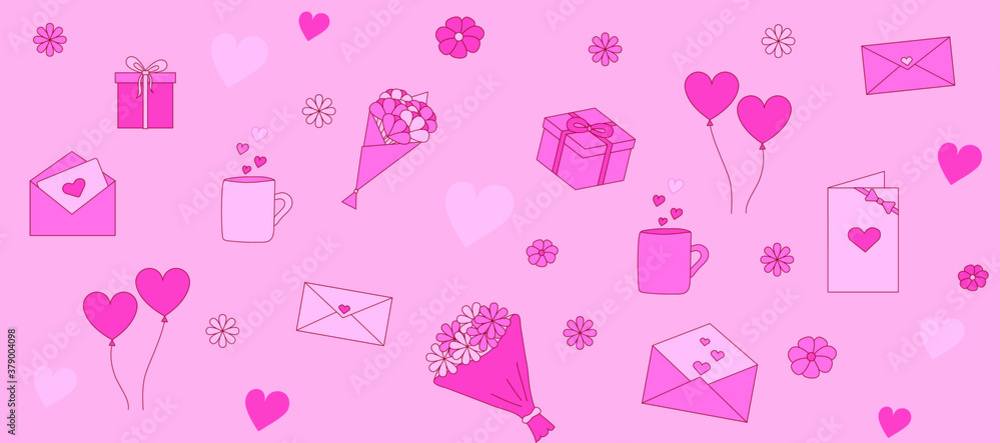 Seamless patterns with presents. Ideas of gifts with present box, gift bow with bow and ribbons, flower bouquet, balloons with heart shape, postcard for valentine's day, birthday, heart, cup, flowers