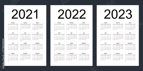 Simple editable vector calendars for year 2021, 2022, 2023. Week starts from Sunday. Vertical. Isolated illustration.
