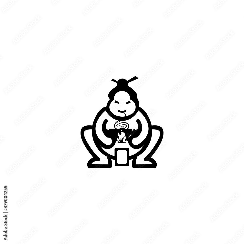 sumo with cartoon style eating ramen, flat style trend modern logotype design vector illustration.