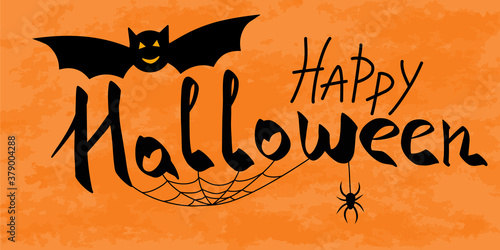 Happy Halloween banner on the orange background. Black bat with lettering for spooky party invitation  greeting  flyer  banner. Vector illustration for advertisement  social network  website