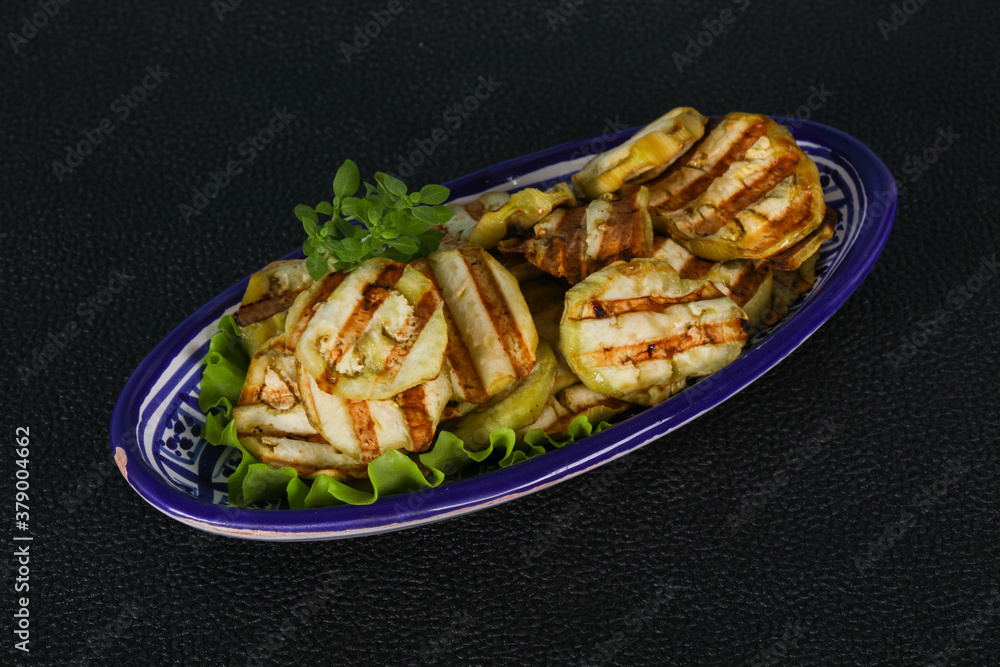 Grilled eggplant slices served basil Grilled eggplant slices served basil