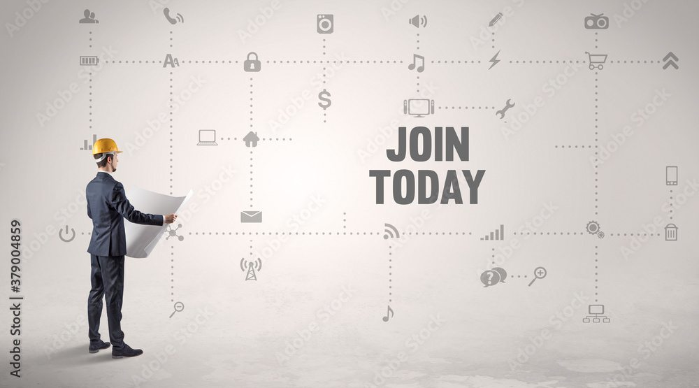 Engineer working on a new social media platform with JOIN TODAY inscription concept Engineer working on a new social media platform with JOIN TODAY inscription concept
