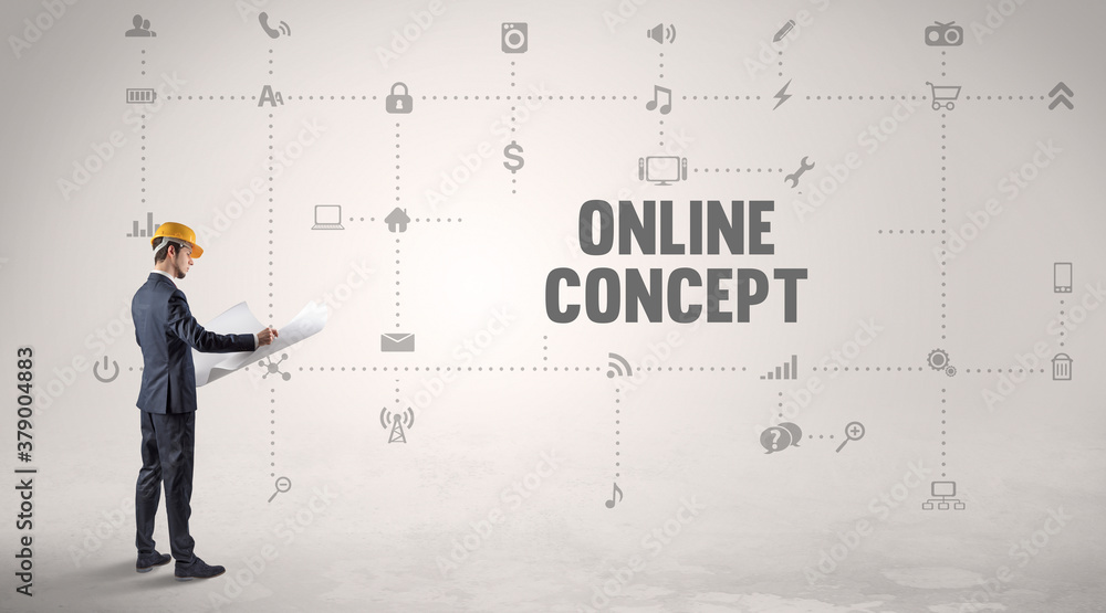 Engineer working on a new social media platform with ONLINE CONCEPT inscription concept Engineer working on a new social media platform with ONLINE CONCEPT inscription concept