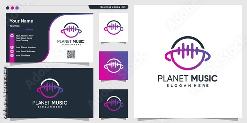 Planet logo with line art music style and business card design template  music  idea  template  Premium Vector