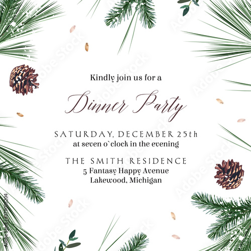 Emerald christmas greenery, spruce, fir, pine cones seasonal vector design frame