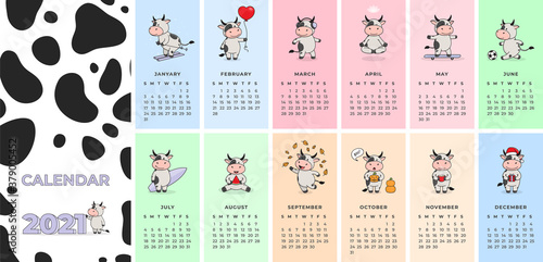Vertical calendar template for 2021 with cute bulls and cows. The ox is a symbol of the year 2021 according to the Chinese or Eastern calendar.