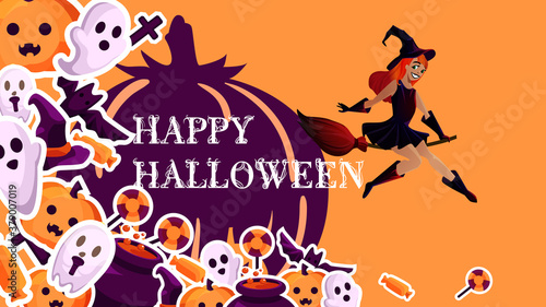 stylized poster design for Halloween. Image of sweets, bats, ghosts and other magical attributes on an orange background and with a witch flying by . Perfect for postcards, flyers, invitation, banner
