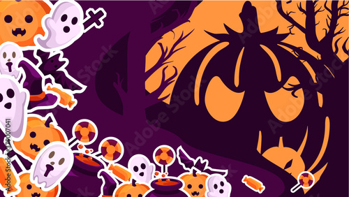 stylized poster design for Halloween. Image of sweets, bats, ghosts and other magical attributes surrounded by fairy trees . Perfect for postcards, flyers, invitations, banners. EPS10