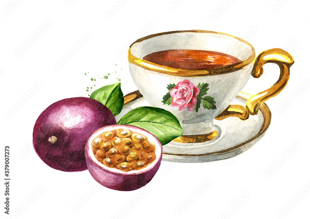 Cup of tea with passion fruit maracuya. Hand drawn watercolor illustration isolated on white background Cup of tea with passion fruit maracuya. Hand drawn watercolor illustration isolated on white background