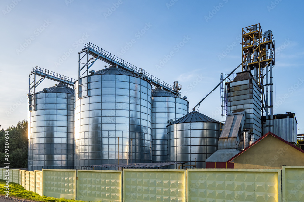 Modern Granary elevator with silver silos on agro-processing and manufacturing plant for processing drying cleaning and storage of agricultural products, flour, cereals and grain.