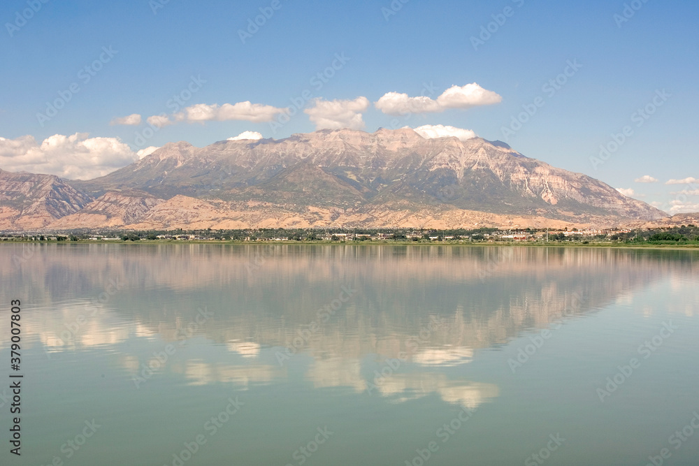 A scenic view of Mount Timponogos from the middle of Utah Lake. Provo Utah.