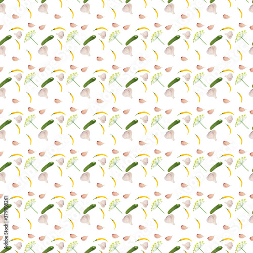 pattern green vegetables and dill branch on white background