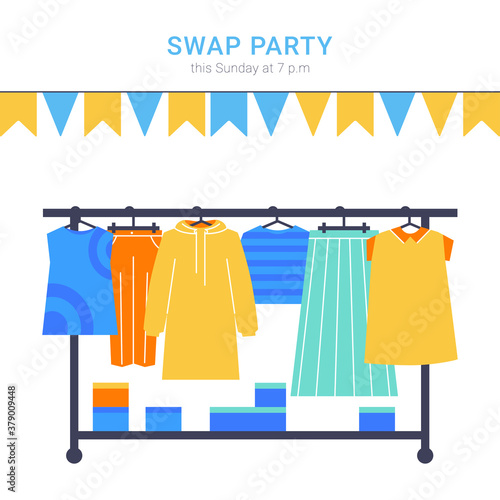 Fashion swap party clothes banner with text. Swap party woman's clothes on hangers. Vector flat style illustration. Garage sale. Second life. Reduce and reuse concept.
