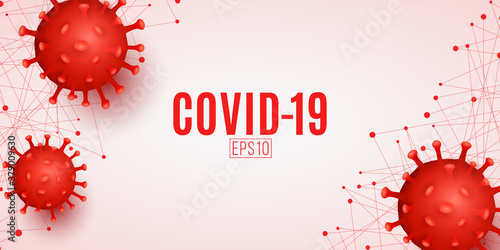 Covid-19 medical banner with realistic red 3D bacteria Coronavirus. Chinese pandemic. Dangerous cellular infection. Scientific background for your design. Vector illustration photo