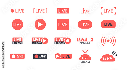 Live streaming vector icons. Red black video buttons podcast live recording. Broadcasting news music games. Online camera text show channel social media
