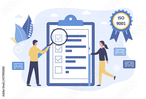 Vector quality control concept. Business people confirm and certify a quality product in accordance with ISO 9001. Stamp approval management production service. Flat illustration on white background photo
