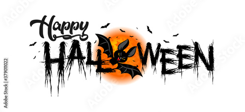 Halloween party poster with horror elements: full moon, flying vampire, bat. Illustration, vector