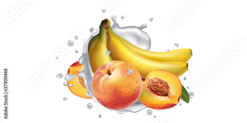 Bananas and peaches in splashes of milk or yogurt.