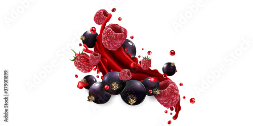 Splash of fruit juice and fresh raspberry and black currant berries.