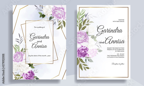 Elegant wedding invitation card template set with beautiful floral and leaves template Premium Vector