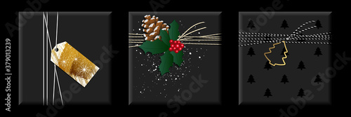 3 emballages cadeaux pour Noël - des paquets originaux en papier noir et ficelle, décorés de paillettes, de sapin, de houx, de pomme de pin ou d’étiquettes.