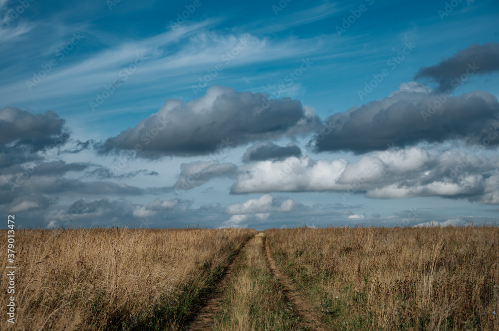 Road to horizon in field with blue sky and clouds on background Road to horizon in field with blue sky and clouds on background