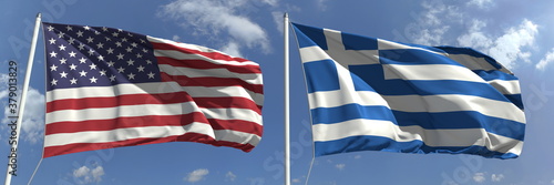 Waving flags of the United States and Greece on flagpoles, 3d rendering