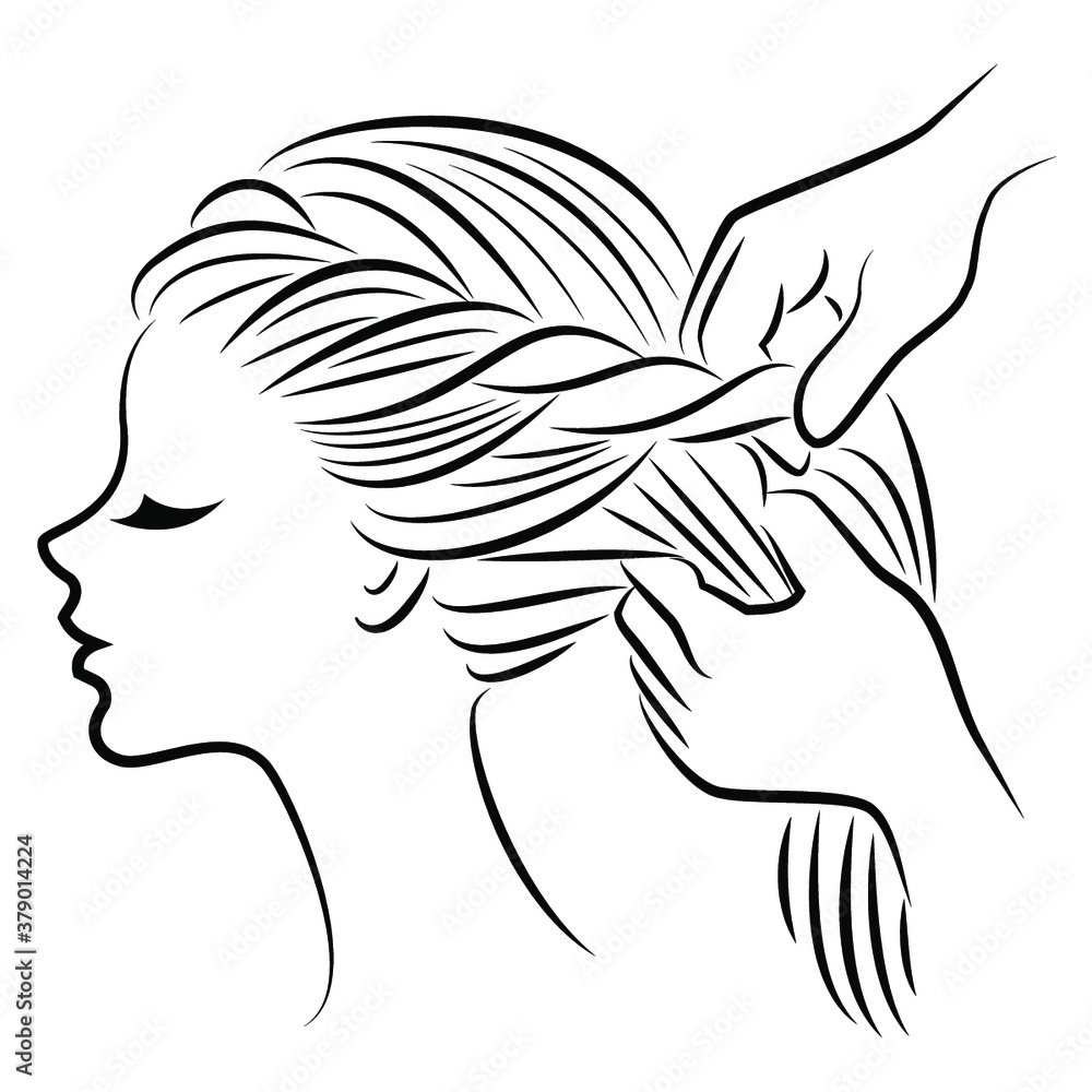 Silhouette profile of the head of a lovely lady. The girl braids her ...