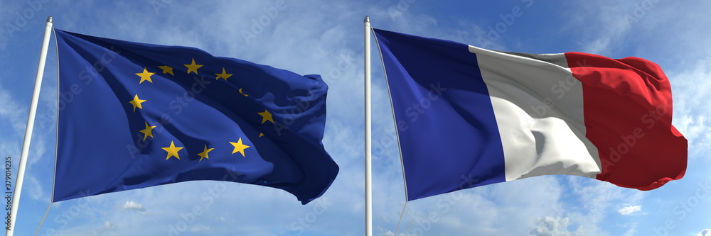 Flying flags of the European Union and France on sky background, 3d rendering Flying flags of the European Union and France on sky background, 3d rendering