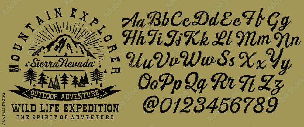 Handwritten calligraphic alphabet for t-shirt or apparel. Vintage brush script lettering font.