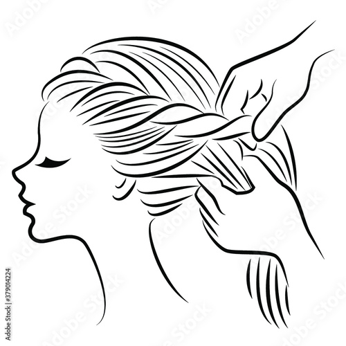 Silhouette profile of the head of a lovely lady. The girl braids her long hair in braids with her hands. Vector illustration.
