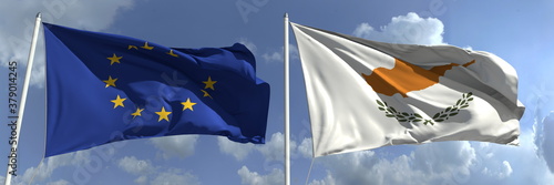 Flying flags of the European Union and Cyprus on sky background, 3d rendering