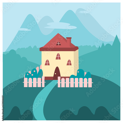 House behind the fence on a green background. Vector illustration for postcards, posters, etc