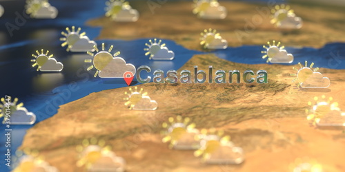 Casablanca city and partly cloudy weather icon on the map, weather forecast related 3D rendering