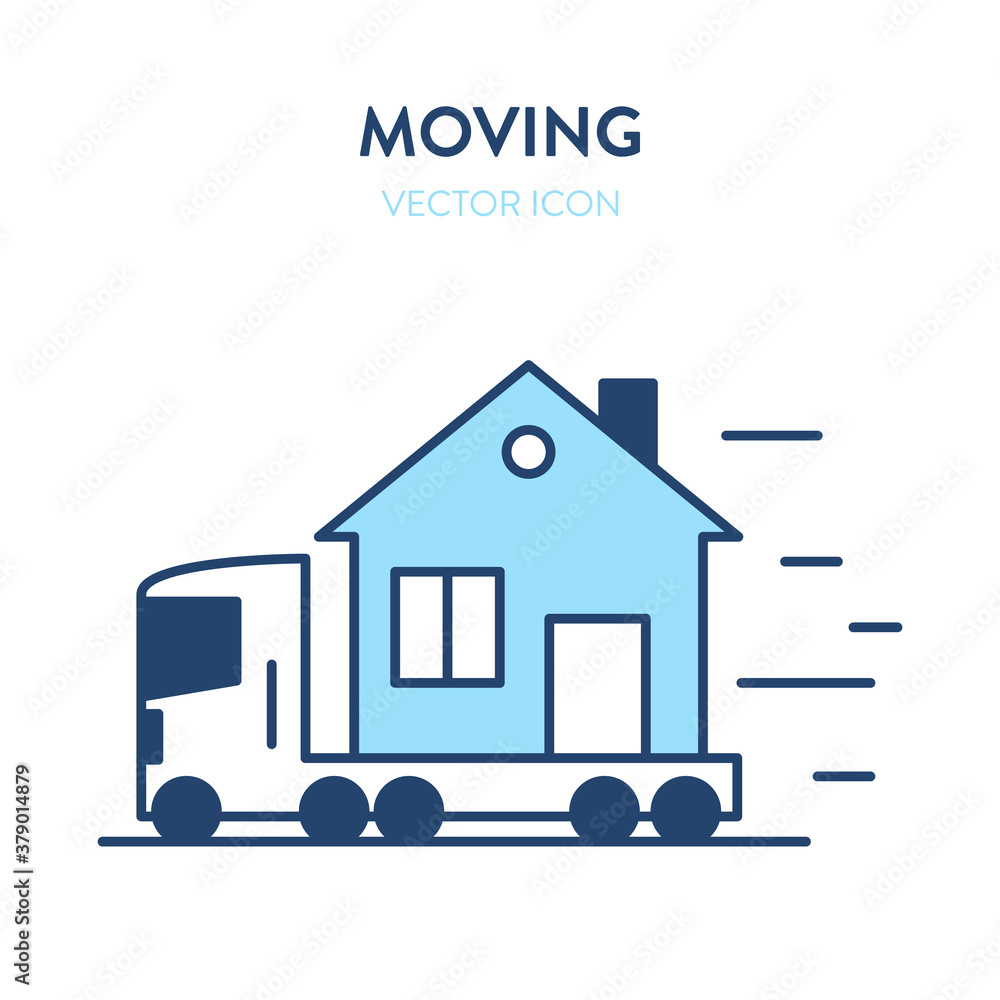 House transportation by truck icon. Vector illustration of a truck driving on the highway and carrying residential building. Represents concept of moving to a new living place, mobile home House transportation by truck icon. Vector illustration of a truck driving on the highway and carrying residential building. Represents concept of moving to a new living place, mobile home