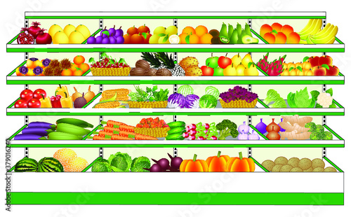 Fruits and vegetables on the store shelves, refrigerator. Vector illustration