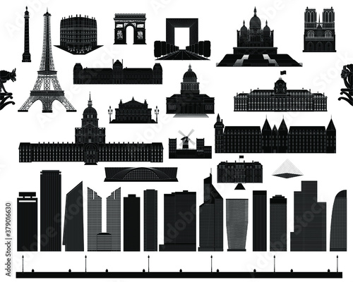 Famous architecture silhouettes set, vector. Paris landmarks black and white icons.
