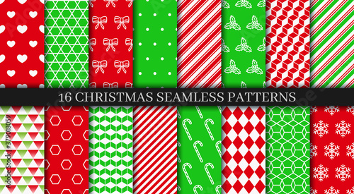 Christmas seamless texture collection. Xmas New year pattern. Festive seamless background with holly, bells, snowflakes, candycane lollipop and geometric ornament. Holiday wrapping paper. Vector