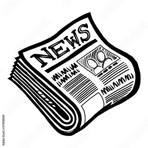 Newspaper folded up with front page showing headlines, articles, and pictures, in cartoon illustration style
