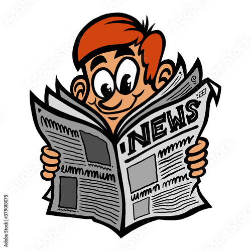 Man reading newspaper happily in cartoon illustration style