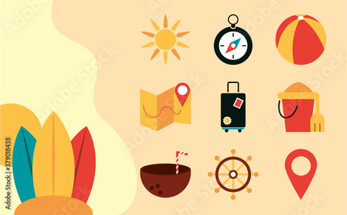 summer vacation travel, tropical beach tourism surfboard compass map suitcase icons flat style