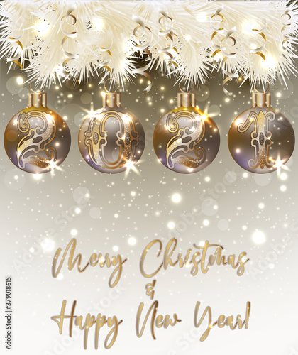 Merry Christmas Happy New 2021 Year greeting card with xmas balls, vector illustration